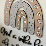 This image show the hand painted details on the rainbows. Hearts, dots and flowers.