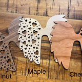 Pictured left to right: Walnut, Maple, and Cherry wood wings.