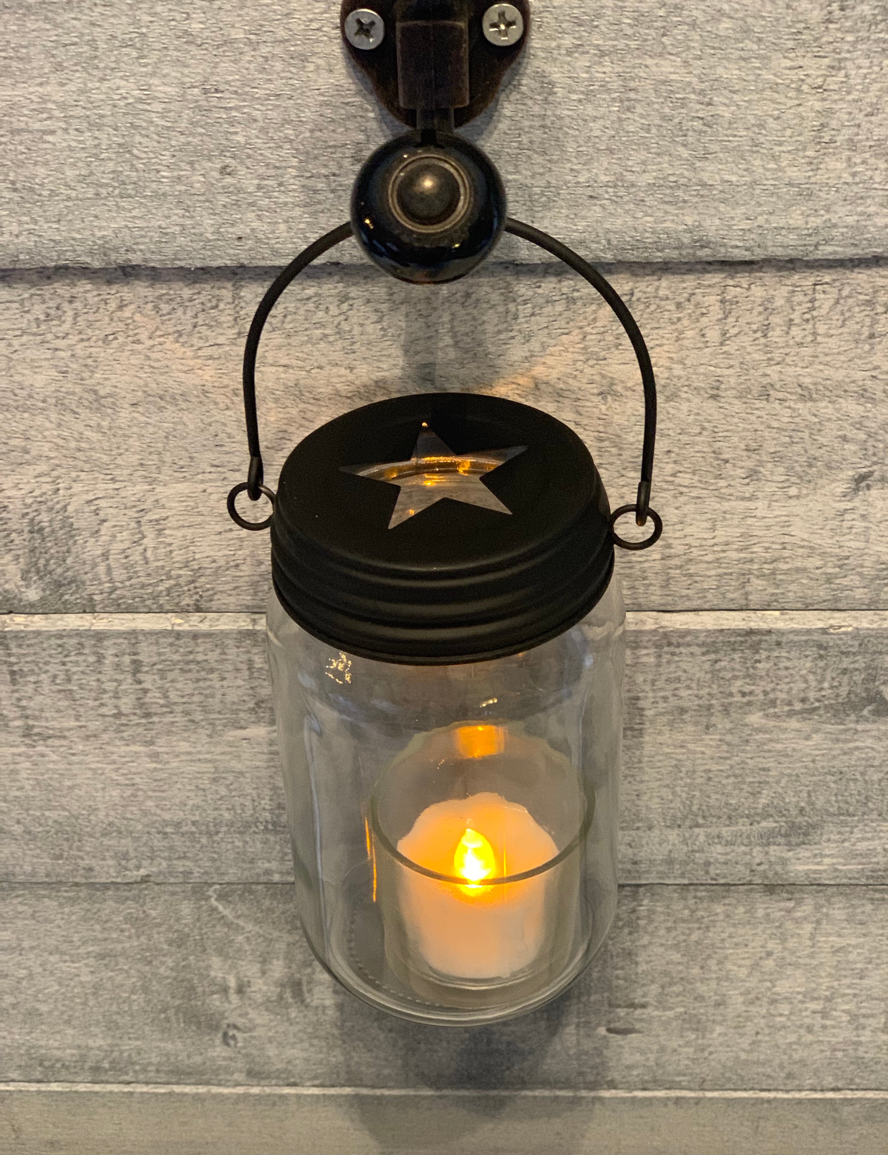 16oz Glass Mason Jar with Black Star Metal Lid-Hangable with view of star on top of lid