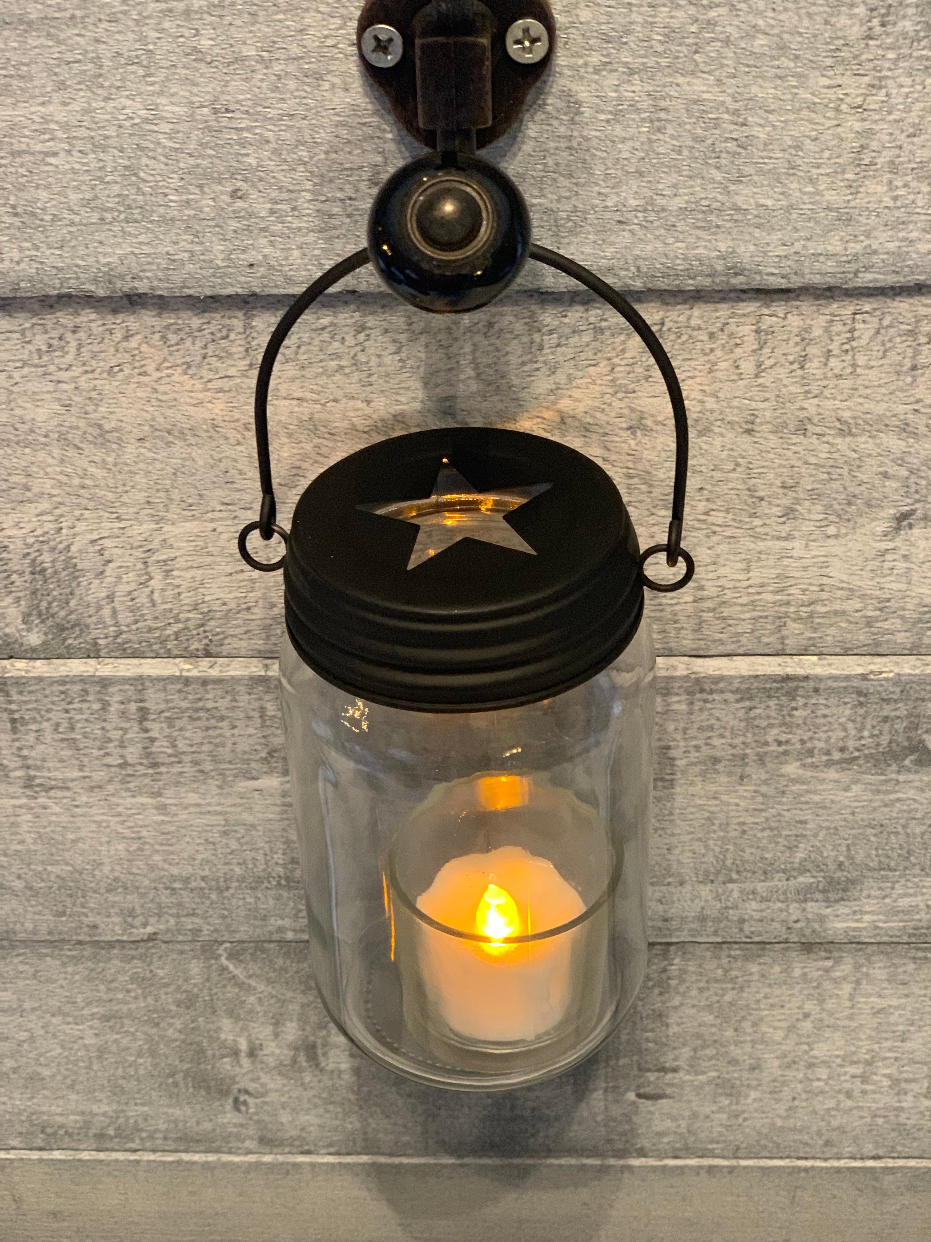 16oz Glass Mason Jar with Black Star Metal Lid-Hangable with view of star on top of lid