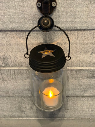 16oz Glass Mason Jar with Black Star Metal Lid-Hangable with view of star on top of lid