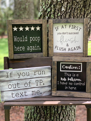 This picture shows a variety of our bathroom signs grouped together.  Each sign is sold separately.
