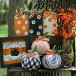 This image shows the artificial bittersweet floral glass vase with our wood pumpkins and cloth pumpkins and a small hand painted sign.  Each item sold separately.