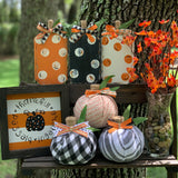 This image shows the artificial bittersweet floral glass vase with our wood pumpkins and cloth pumpkins and a small hand painted sign.  Each item sold separately.