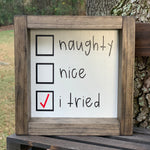 This image shows the Naughty, Nice, I Tried sign by itself.  There is a red check mark in the box for I tried.