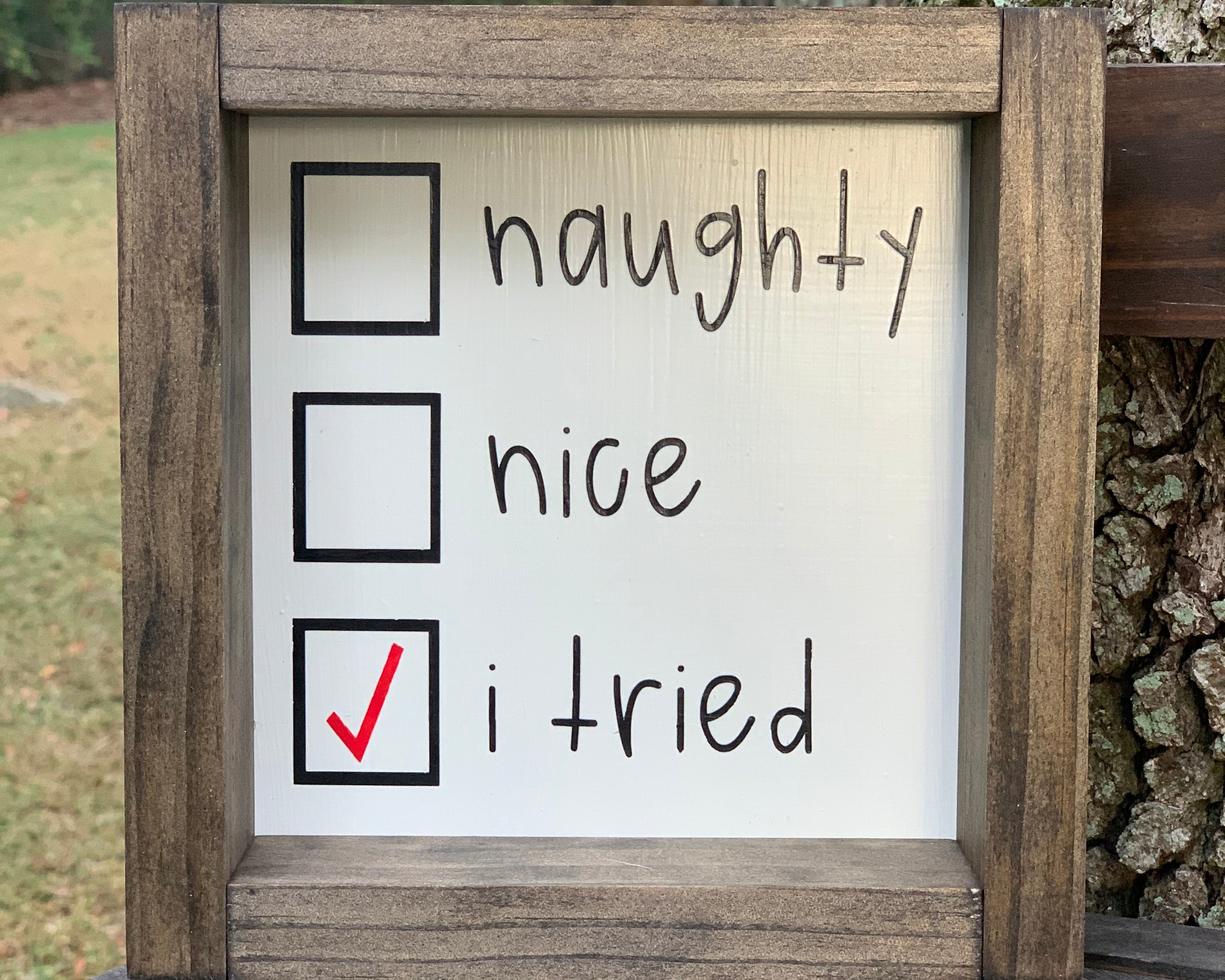 This image shows the Naughty, Nice, I Tried sign by itself.  There is a red check mark in the box for I tried.
