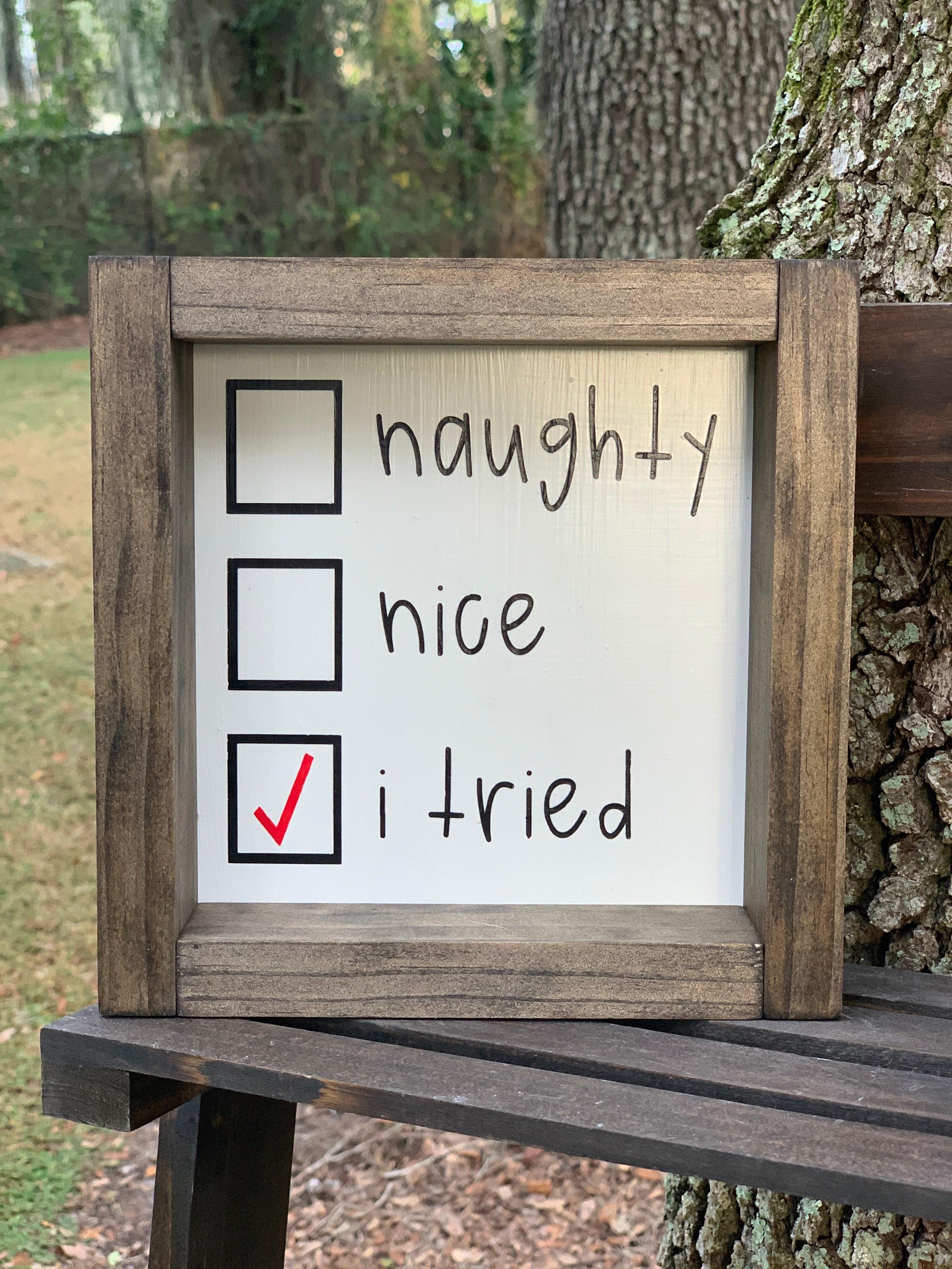 This image shows the Naughty, Nice, I Tried sign by itself.  There is a red check mark in the box for I tried.