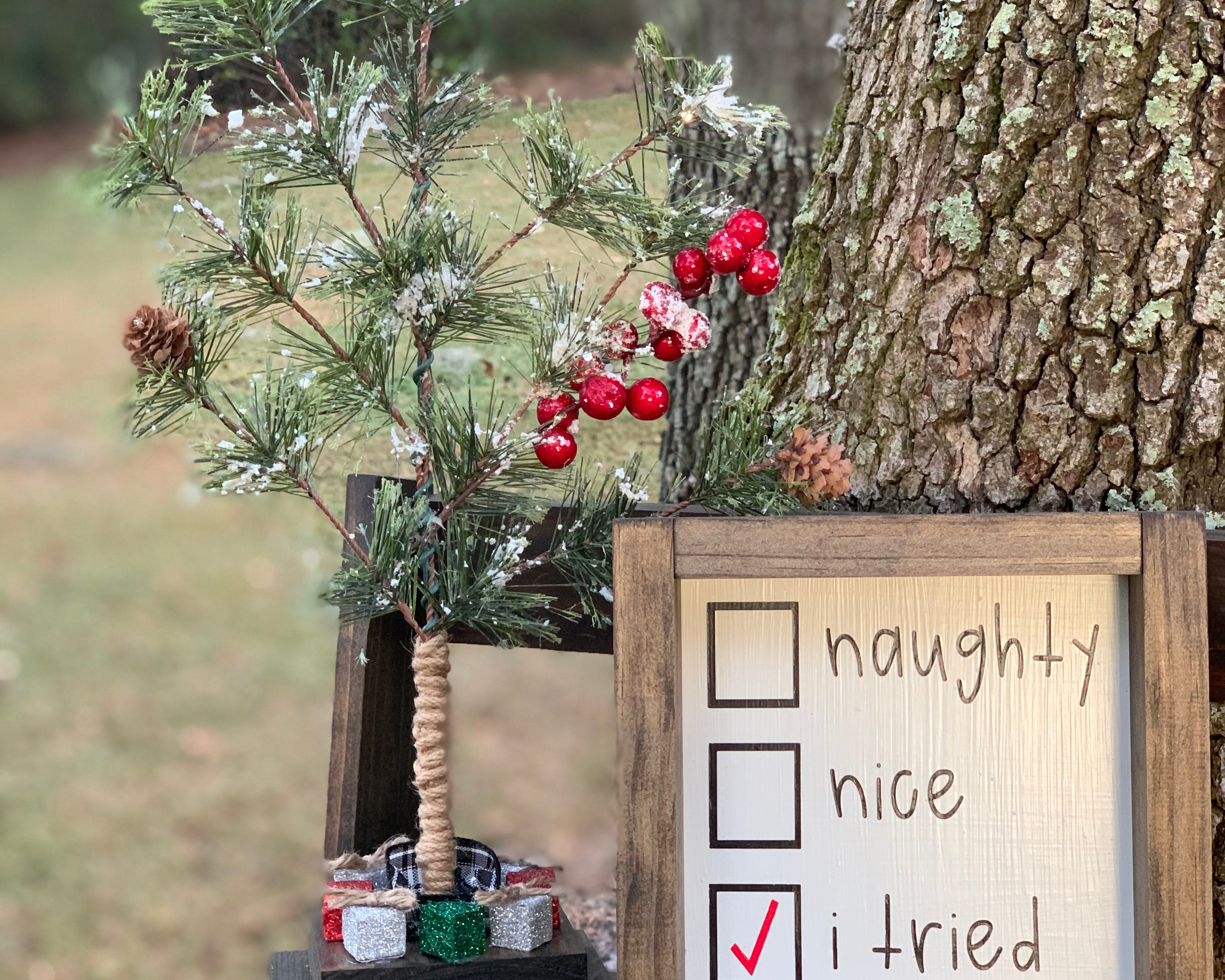 Naughty, Nice, I Tried is shown displayed on a ladder outside with our mini Christmas Tree.  Each item sold separately.