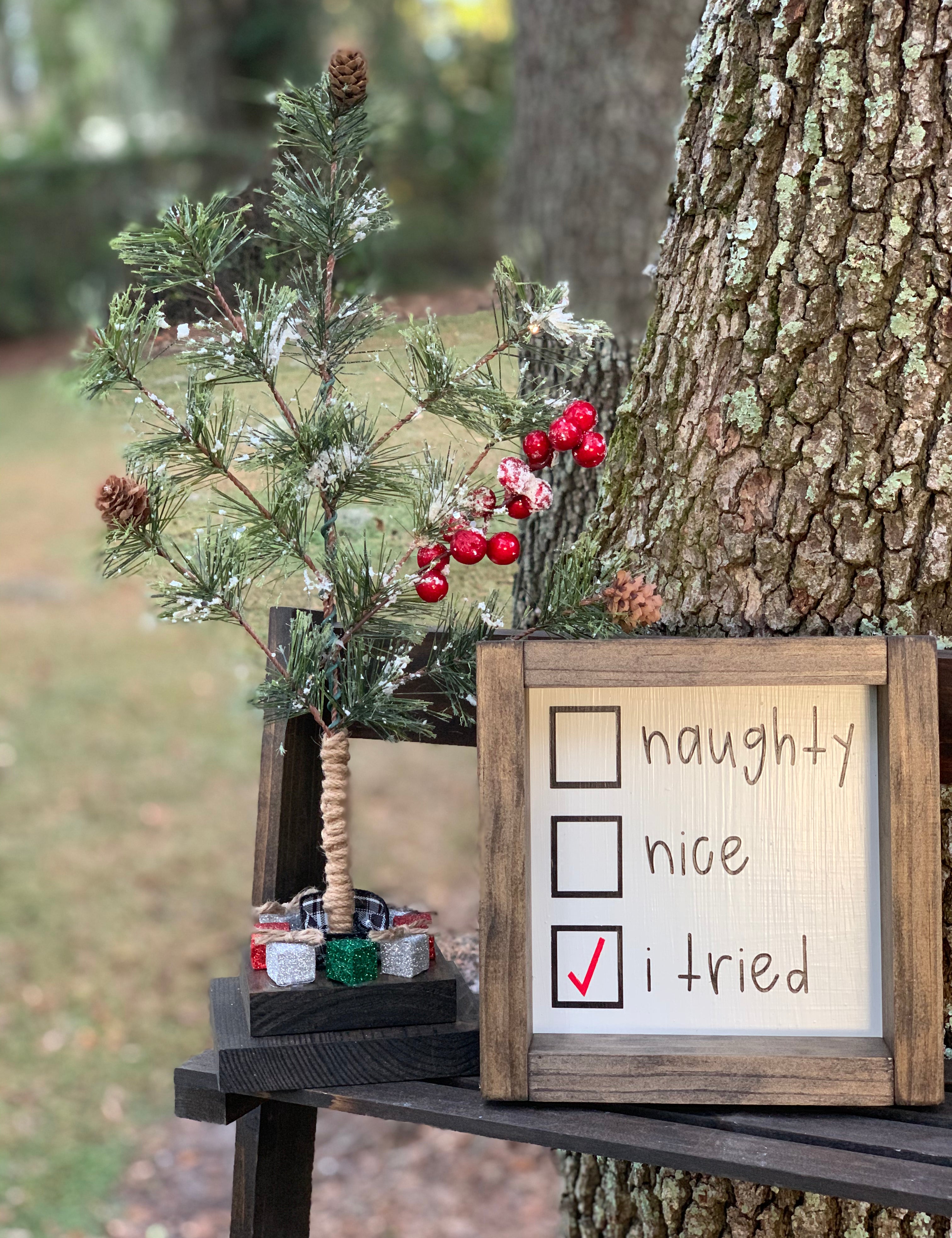 Naughty, Nice, I Tried is shown displayed on a ladder outside with our mini Christmas Tree.  Each item sold separately.