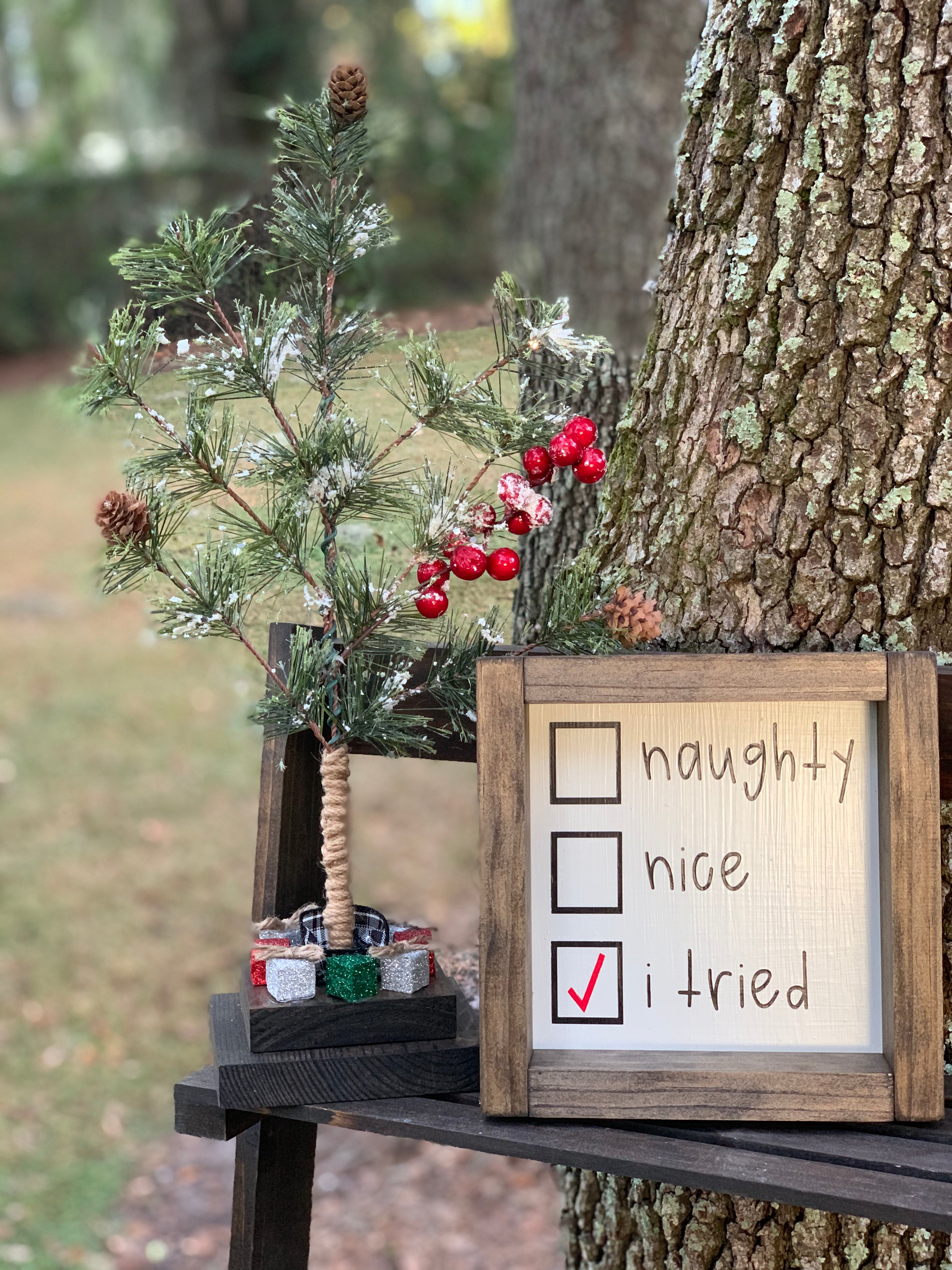 Naughty, Nice, I Tried is shown displayed on a ladder outside with our mini Christmas Tree.  Each item sold separately.