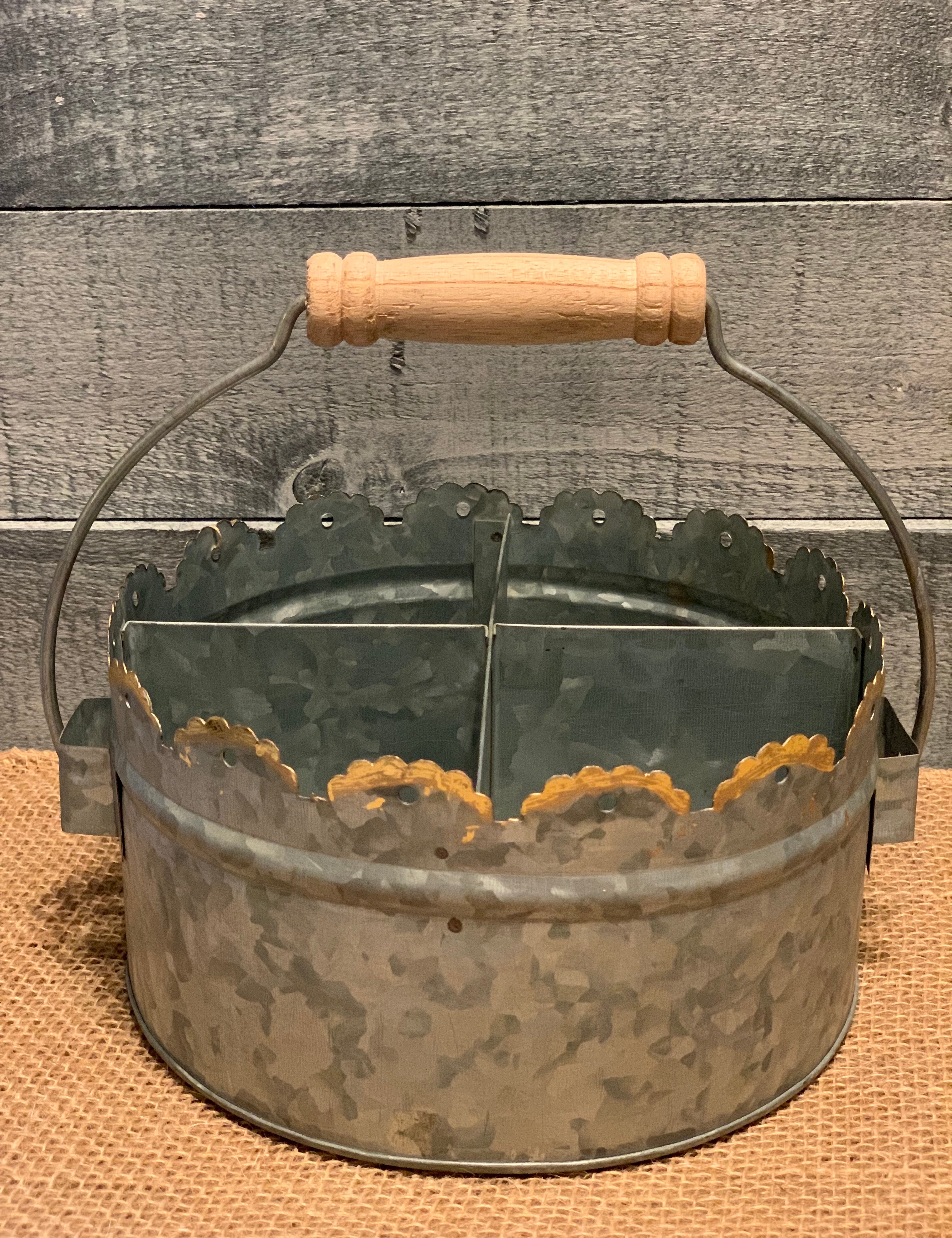 Galvanized Scalloped Metal Divider with Wood Handle shows image sitting on a table.