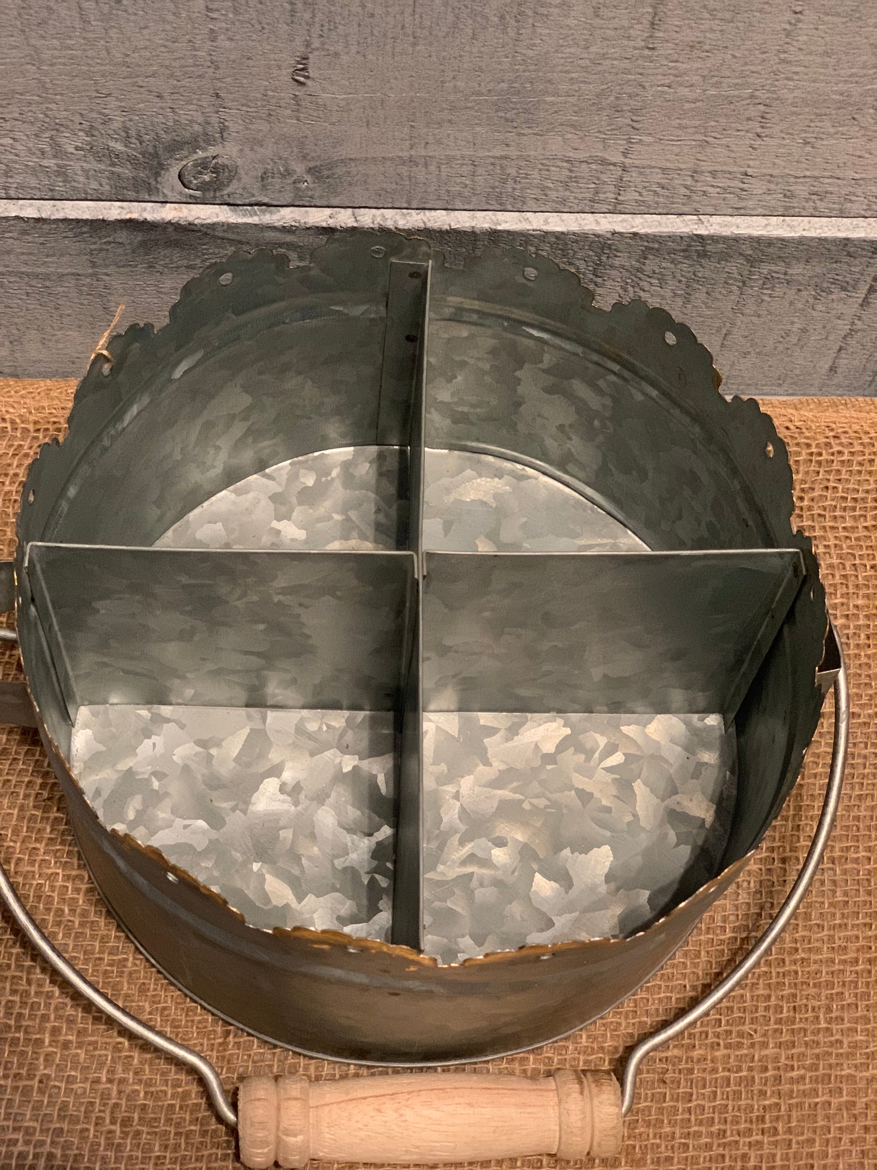 Galvanized Scalloped Metal Divider with Wood Handle show image of inside the container.