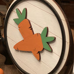 This is the 5" round 3D shiplap carrot sign shown as a side view.