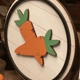 This is the 5" round 3D shiplap carrot sign shown as a side view.