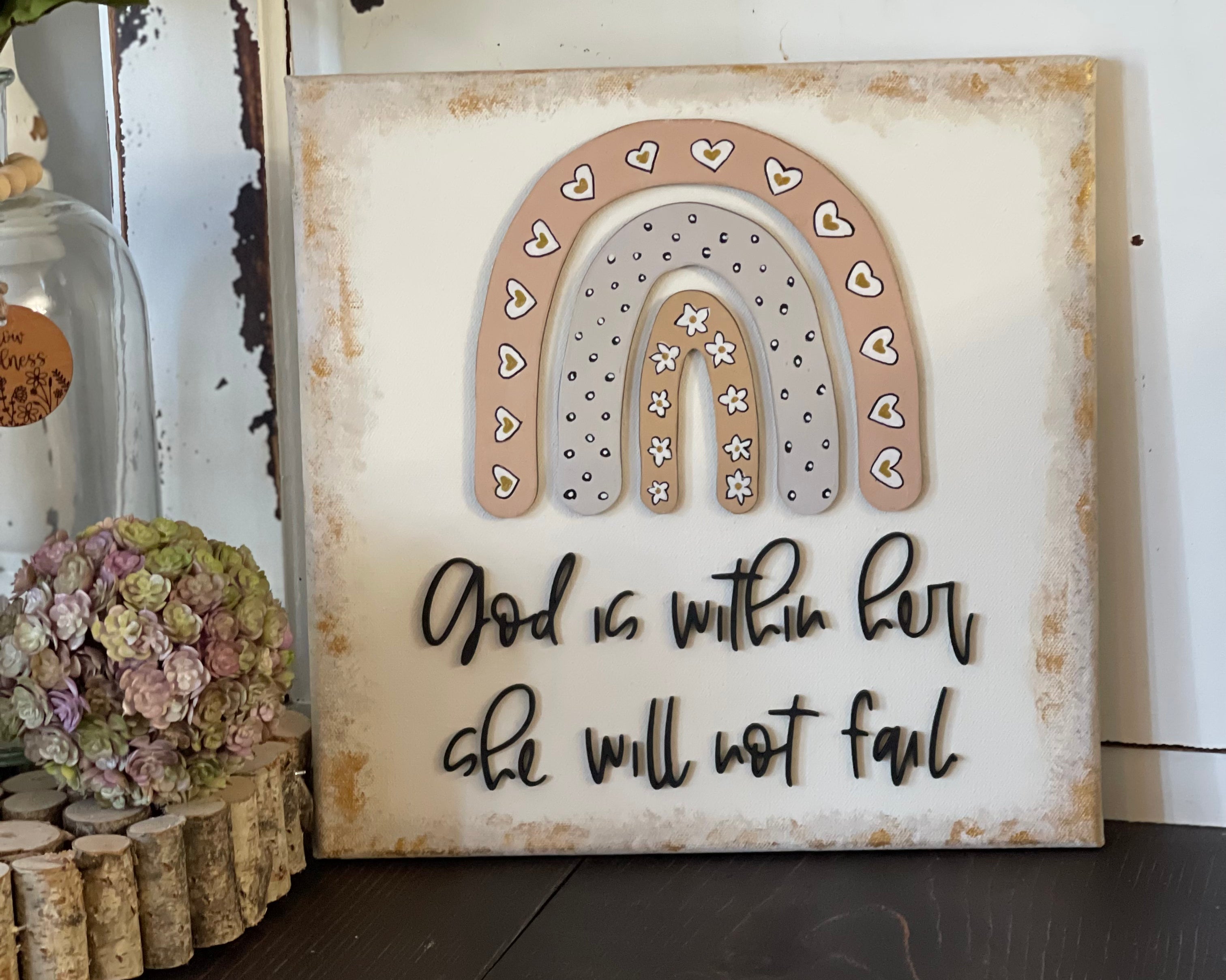 This image shows the canvas sign displayed on a bench next to decor pieces.