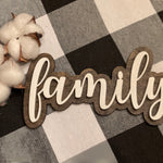 The family script sign is shown paired with mini cotton stems, not included with the sign.