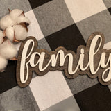 The family script sign is shown paired with mini cotton stems, not included with the sign.