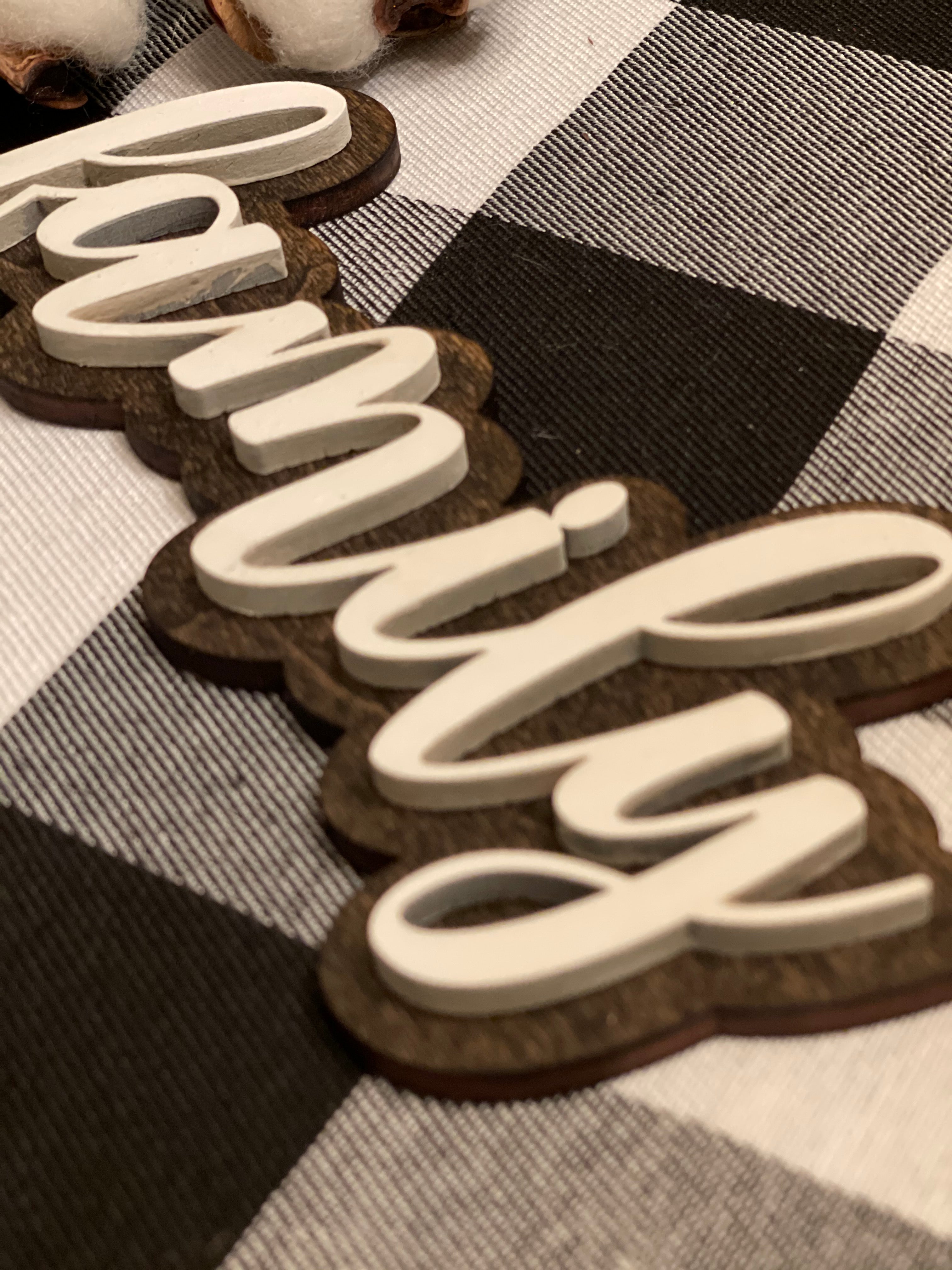 This is an alternate image of the family script sign showing the wood cutout.