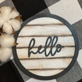 Our 3D hello 5" round shiplap sign has a script hello wood cutout attached to the mini shiplap wood sign.  With a black cutout round wood boarder, this sign screams cuteness!  Add to any tiered tray, vignette, or shelf.  Works best with a mini easel, which is sold separately.