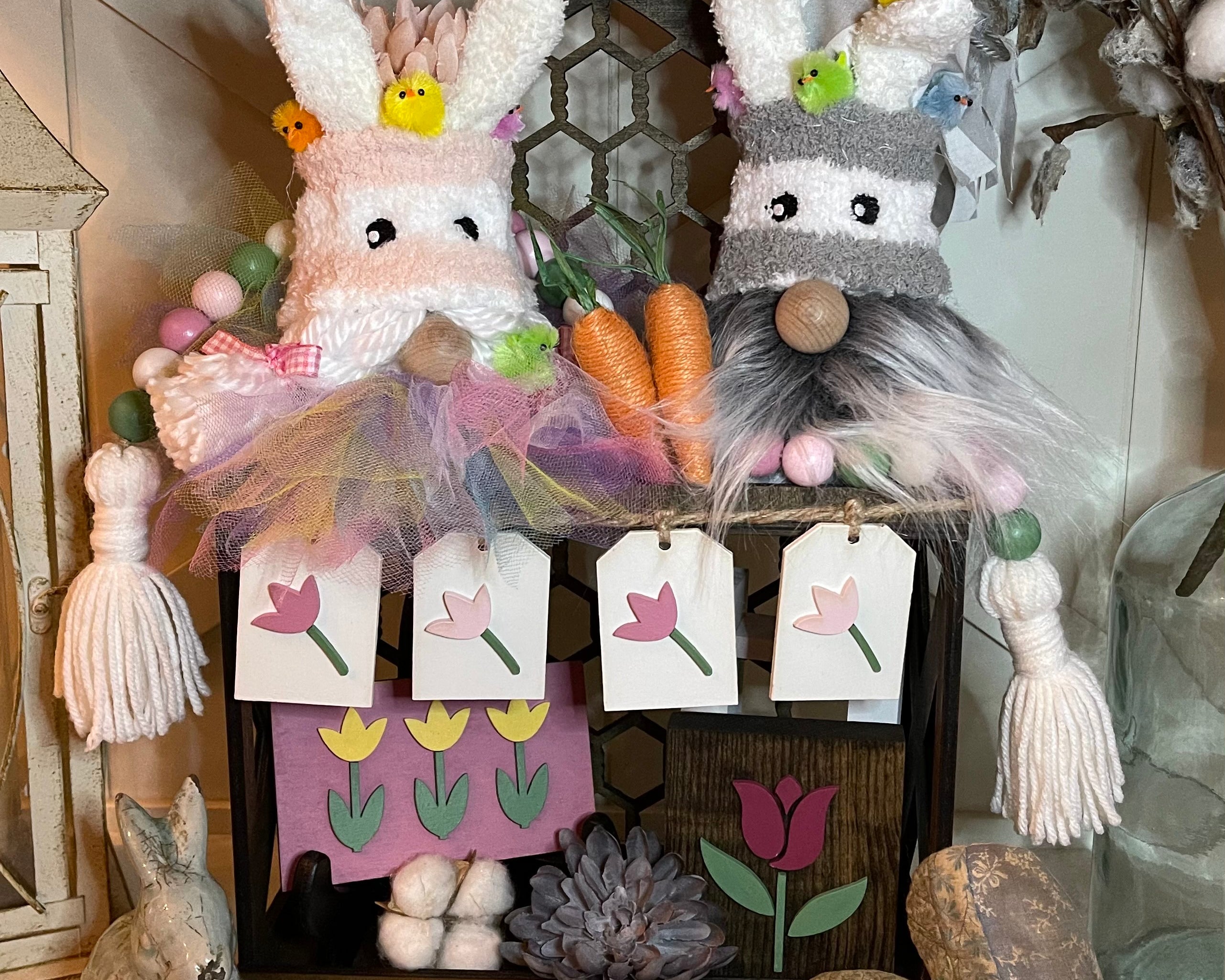 These precious Springtime Gnomes are paired with our Spring tiered tray decor.  Gnomes can be purchased together or as a set.