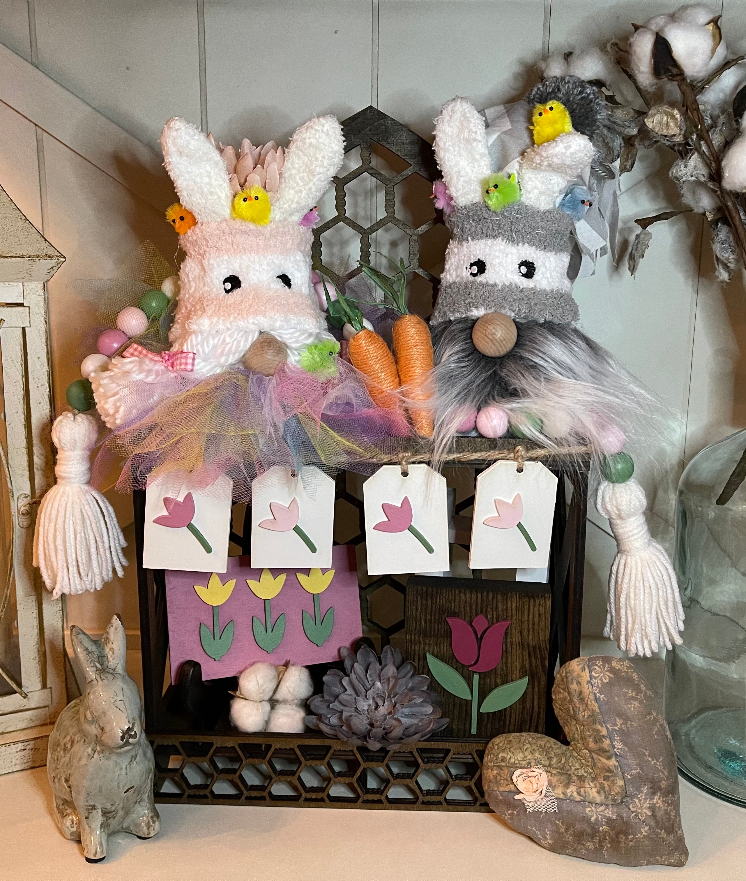 These precious Springtime Gnomes are paired with our Spring tiered tray decor.  Gnomes can be purchased together or as a set.