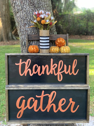 Metallic Gather Sign shows an image of the sign paired with the Thankful sign and the burlap glass container.  Each item sold separately.