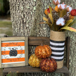 Orange and White Stripe Thankful, Grateful, Blessed (Pumpkin) shows a picture of the sign sitting outside with the black and white stripe burlap vase and pumpkin and floral embellishments.  Items are each sold separately. Pumpkins not eligible for purchase.