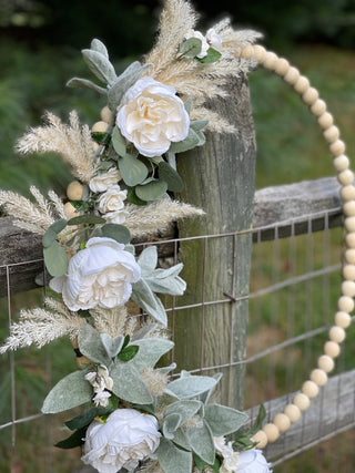 Peony + Rose Wood Beaded Wreath