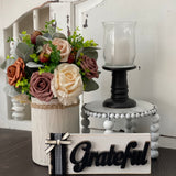 This image shows the white distressed stand paired with a floral arrangement, candle, and a grateful 3D sign.  Each item is sold separately.