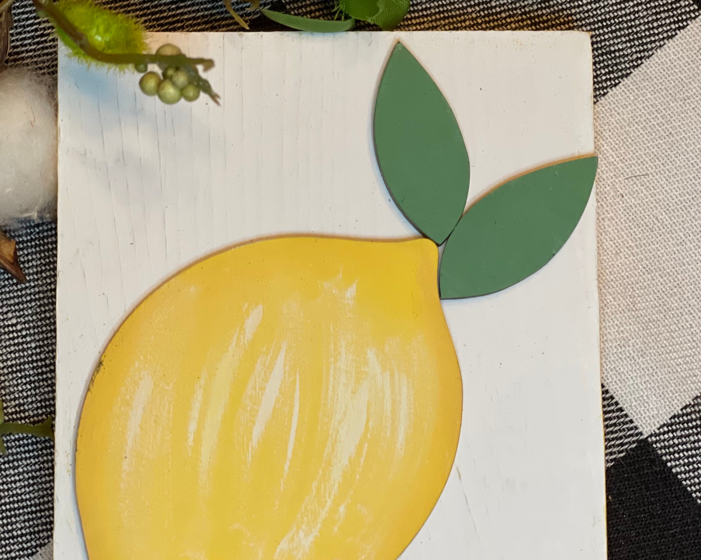 3D Lemon Mini Wood Sign shows the white 3D lemon cutout with floral and cotton embellishments.