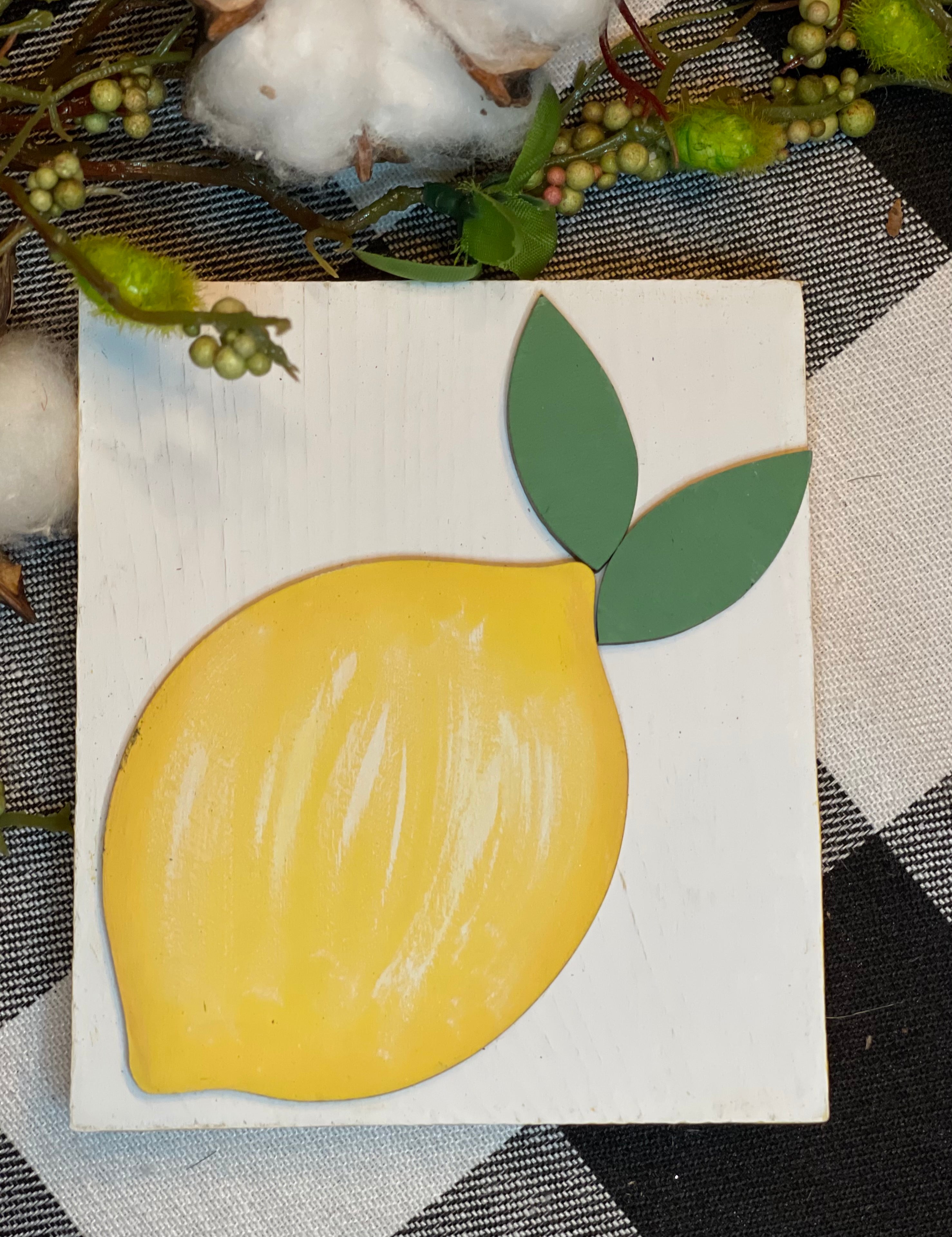 3D Lemon Mini Wood Sign shows the white 3D lemon cutout with floral and cotton embellishments.