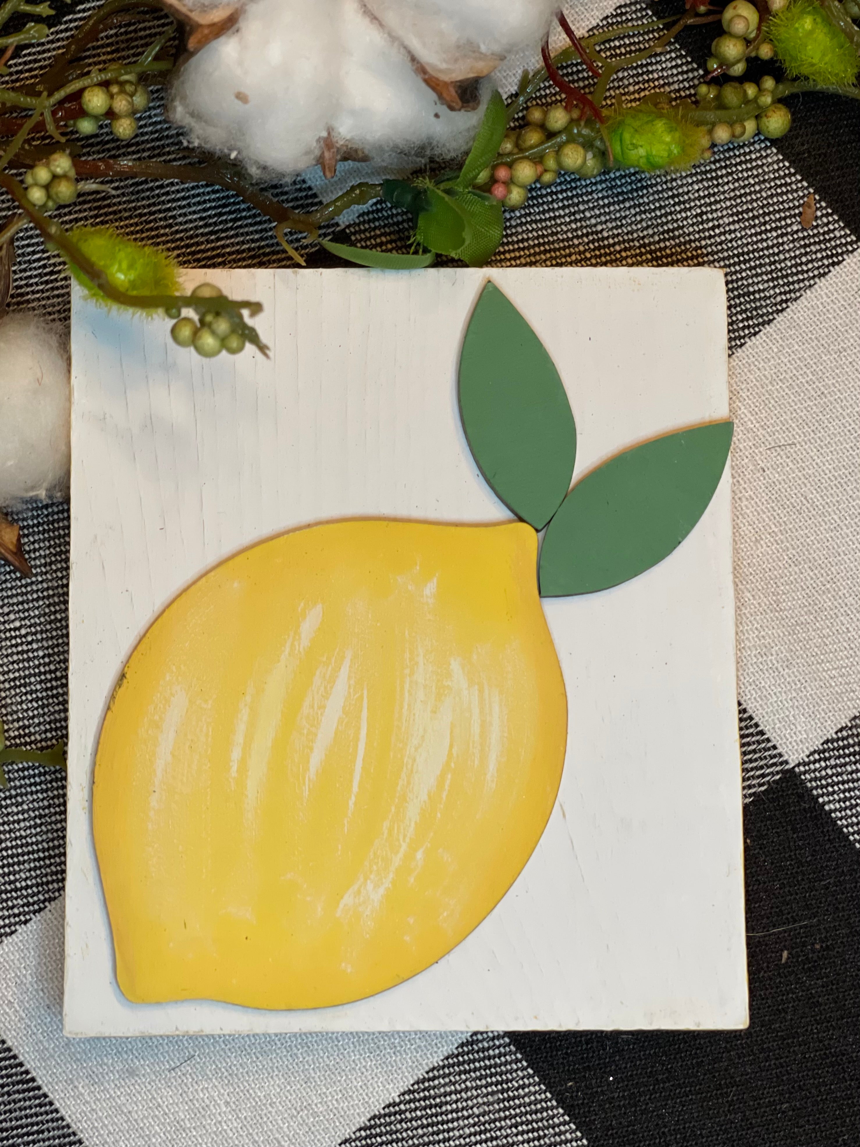 3D Lemon Mini Wood Sign shows the white 3D lemon cutout with floral and cotton embellishments.