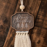 This ornament is shown on a wood table.