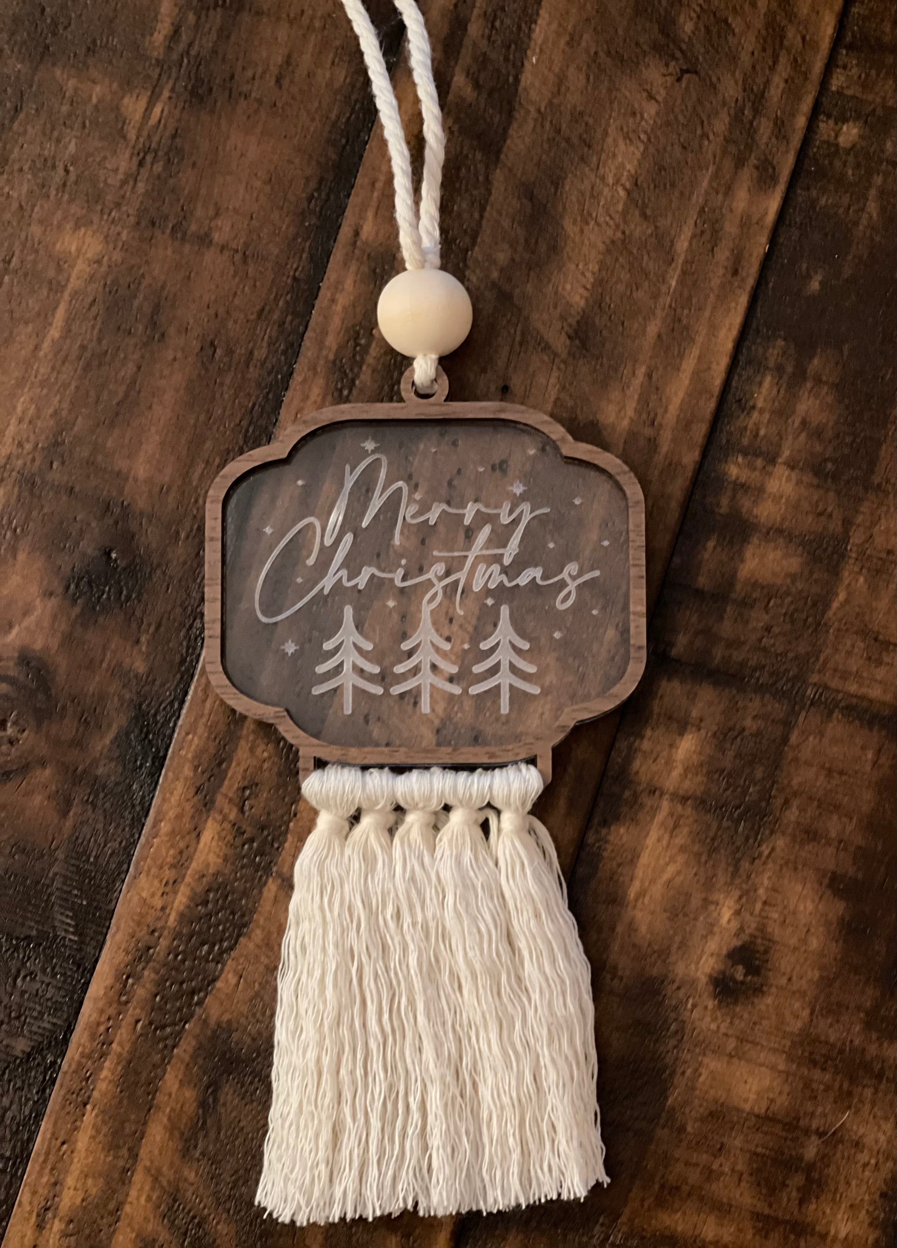 This ornament is shown on a wood table.