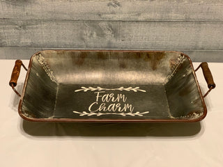 Farm charm decorative, rustic metal tray with wood handles