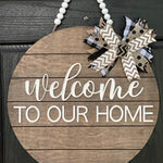 Welcome to Our Home Shiplap Door Hanger shows the 18" hanging on a front door.