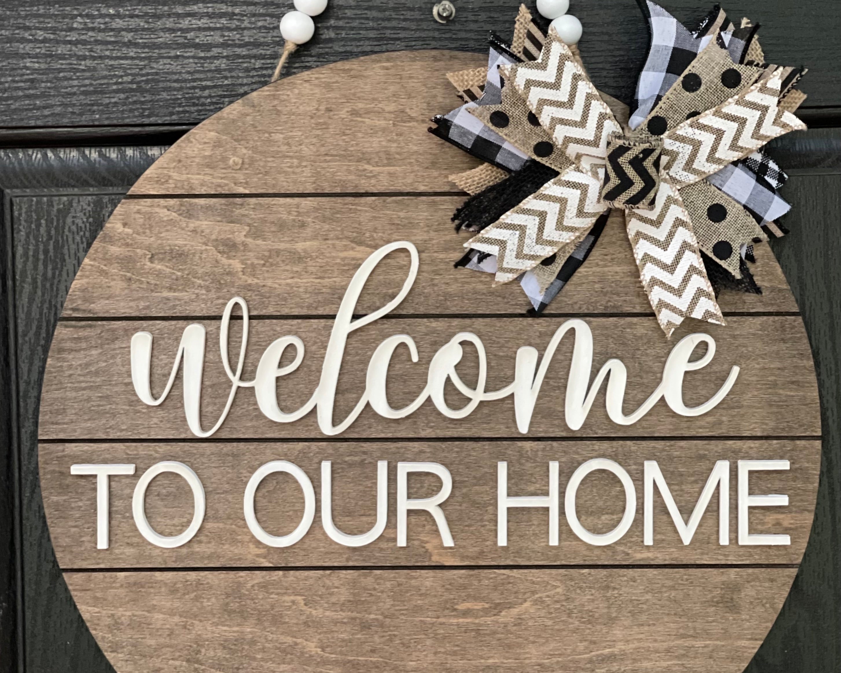 Welcome to Our Home Shiplap Door Hanger shows the 18" hanging on a front door.