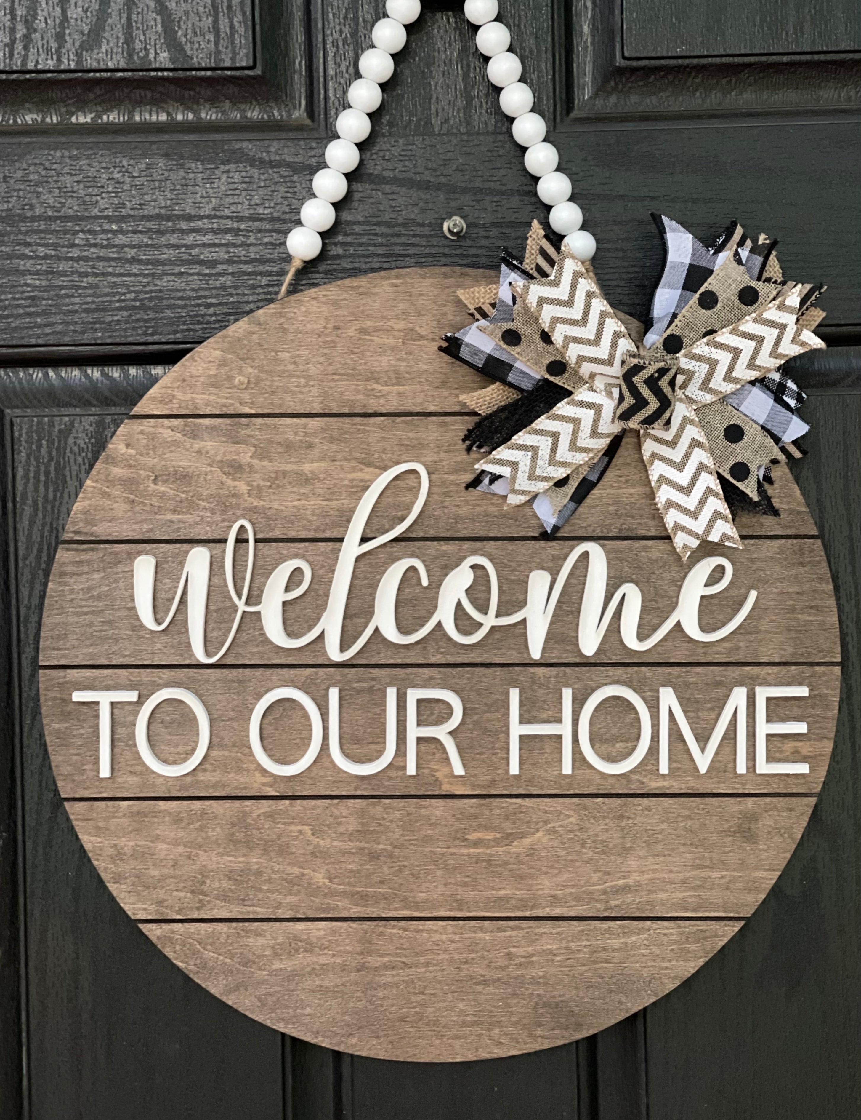 Welcome to Our Home Shiplap Door Hanger shows the 18" hanging on a front door.