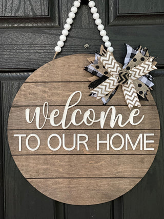 Welcome to Our Home Shiplap Door Hanger shows the 18" hanging on a front door.