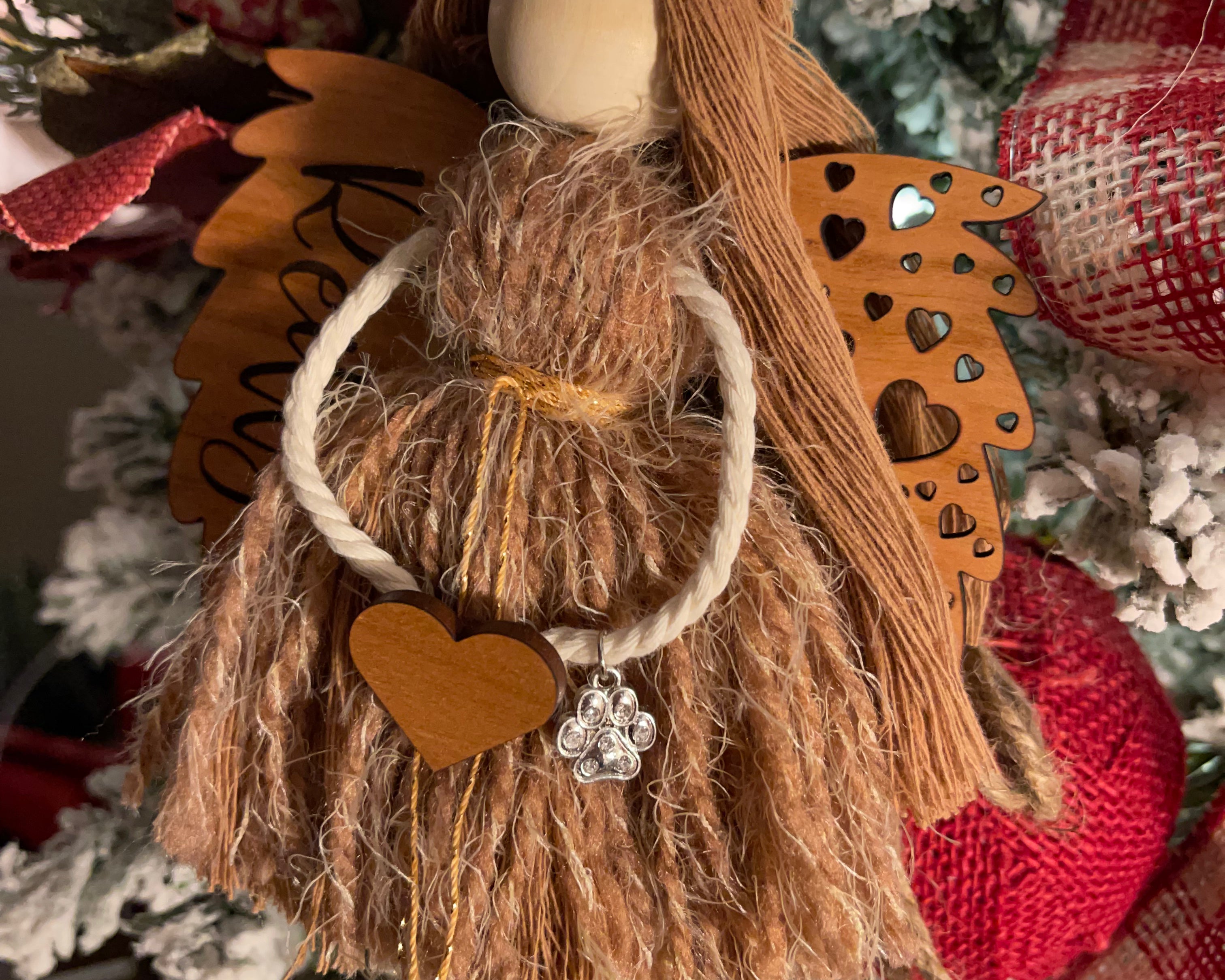This image shows the wood angel showcasing her wings.