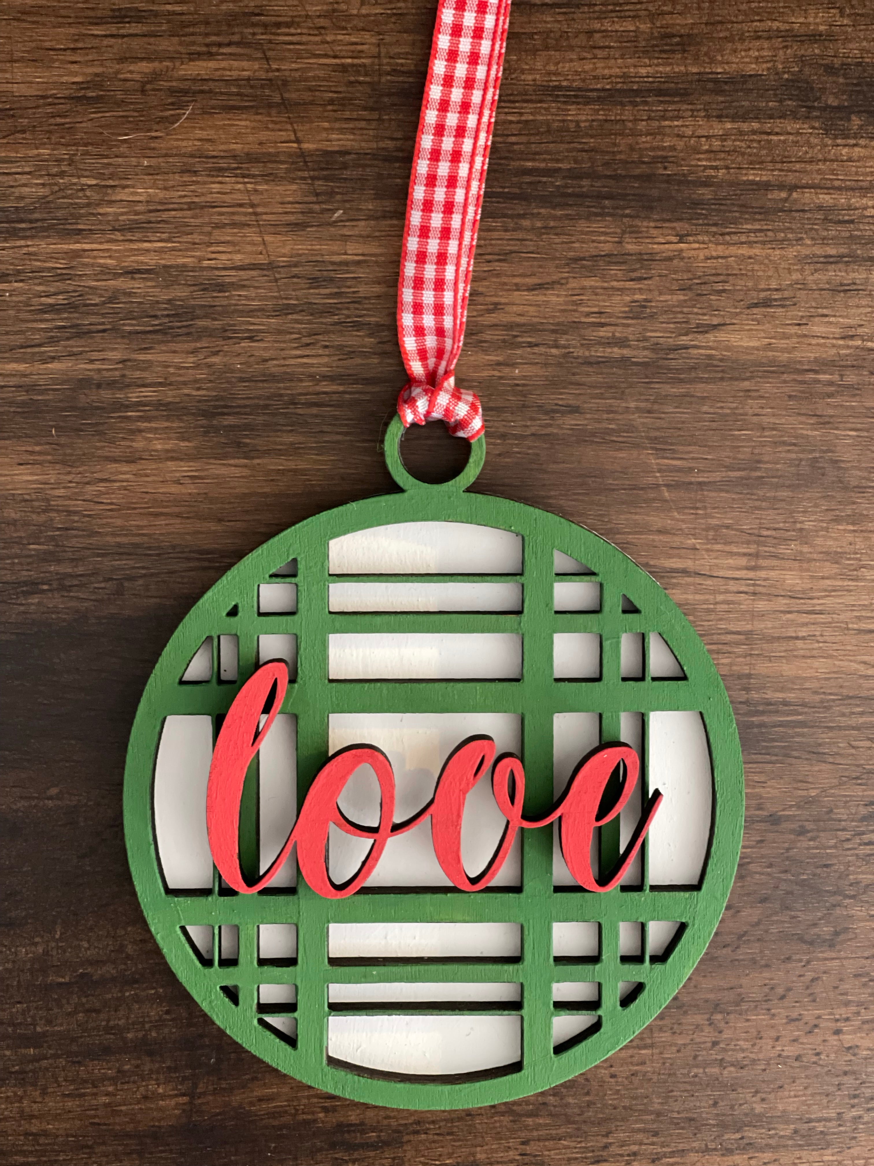 This is the green plaid love ornament without a twine bow.