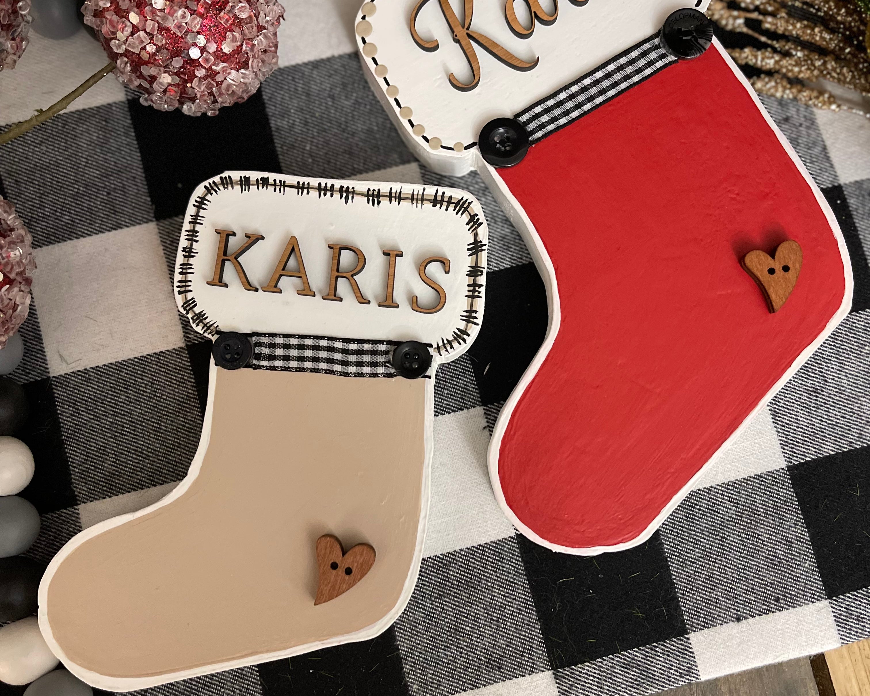This image shows the large red and small tan stocking.