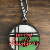 This is the red, green, white and black Merry Christmas ornament without a twine bow.
