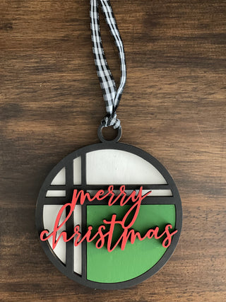This is the red, green, white and black Merry Christmas ornament without a twine bow.