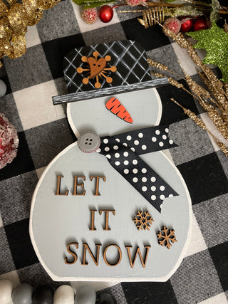 This image shows the small gray snowman that says let it snow in print.