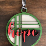 This is the red, green, black and white hope ornament without a twine bow.