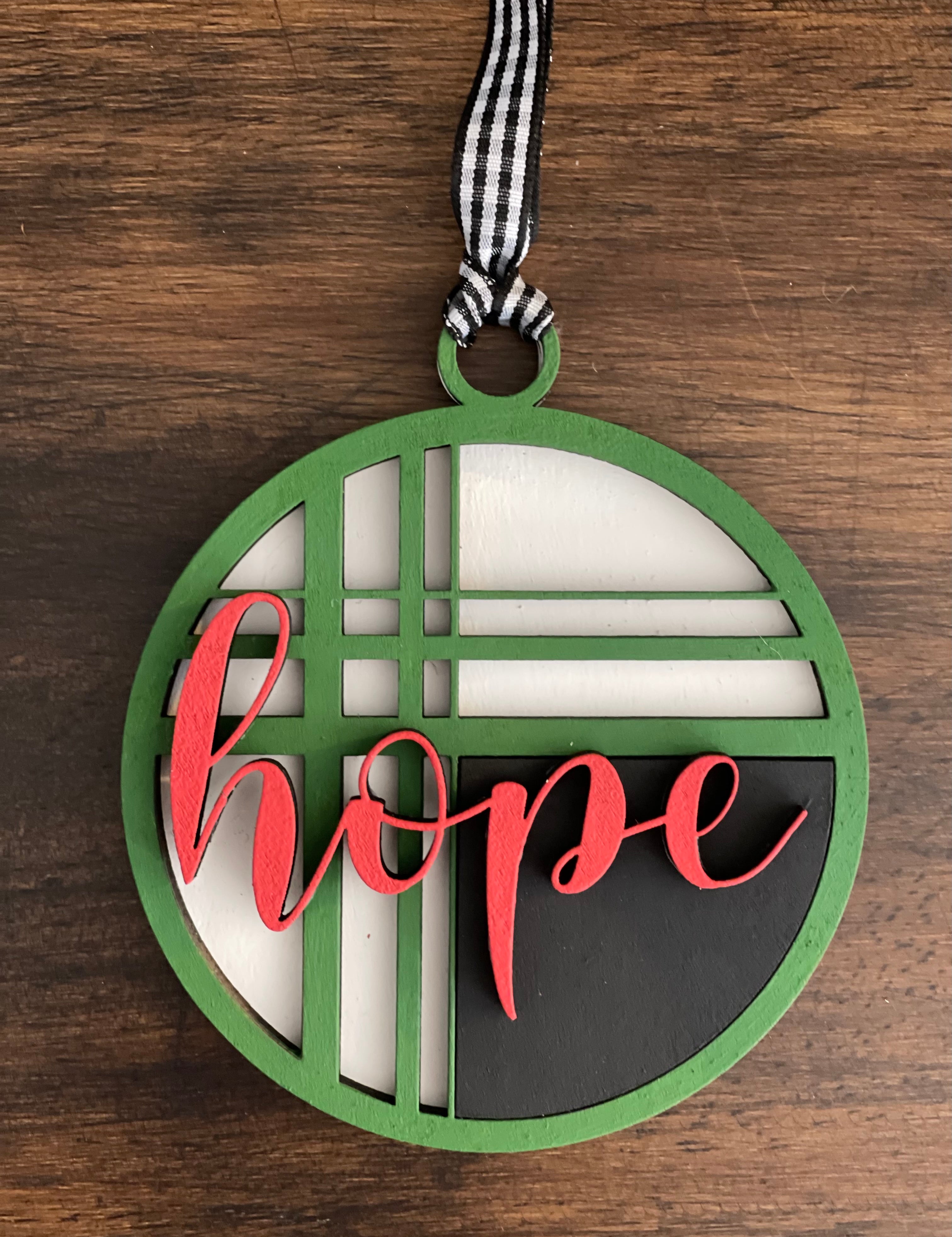 This is the red, green, black and white hope ornament without a twine bow.
