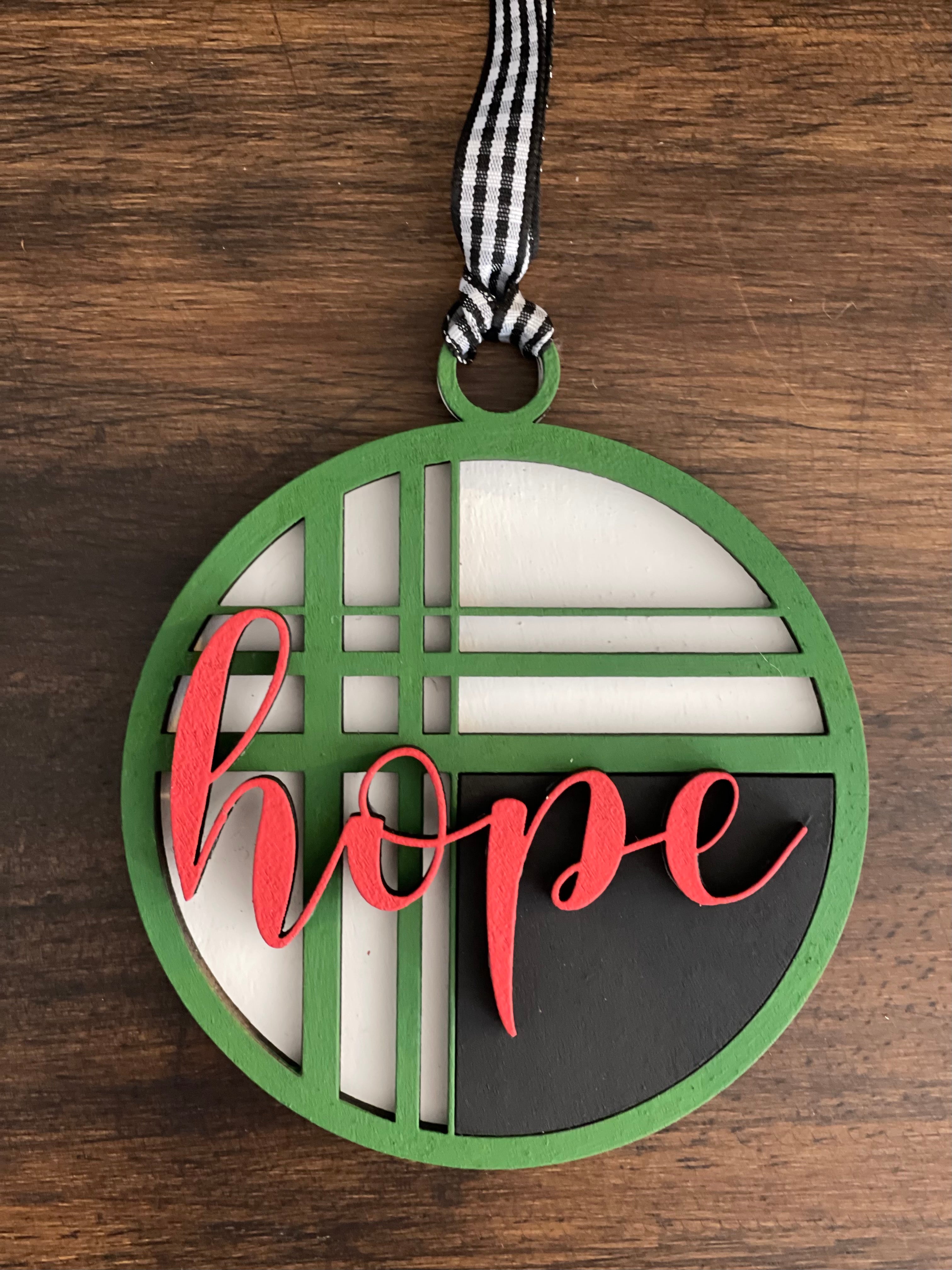 This is the red, green, black and white hope ornament without a twine bow.