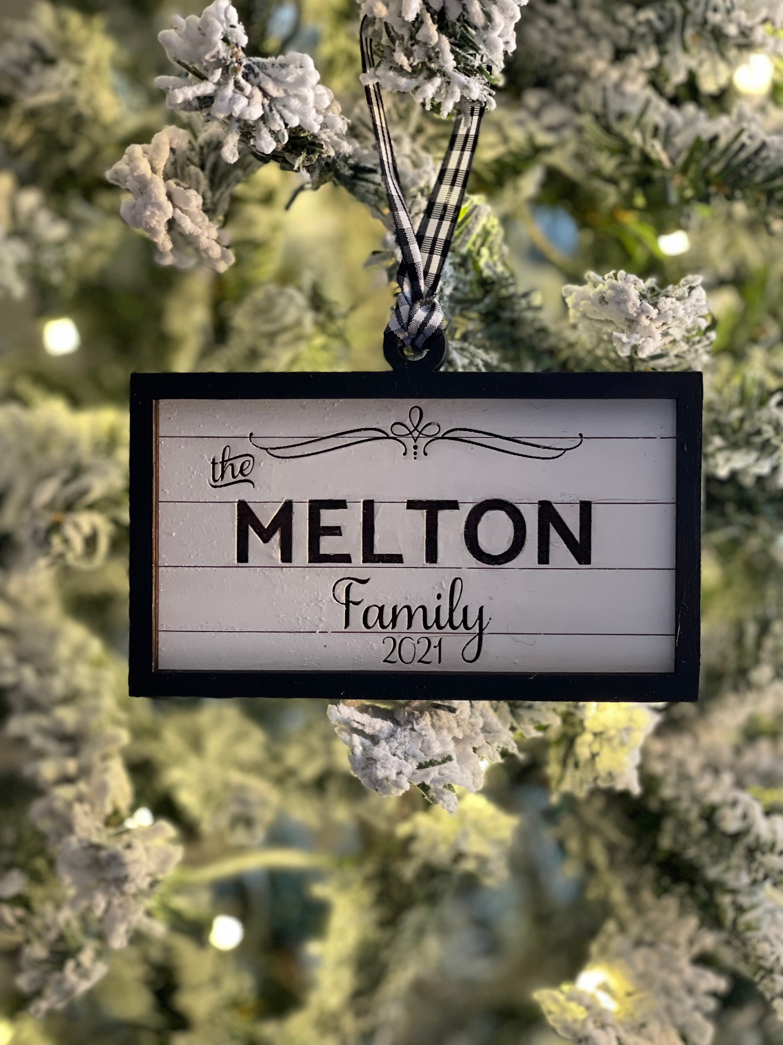 This laser engraved family last name ornament is engraved on a shiplap background with the year 2021 added.  Choose to add a year, est date or leave blank.  Perfect for any gift or as an added embellishment on any package. 