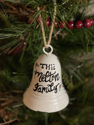 This fully customizable white bell can have a sing name, family name or any saying hand lettered.  Writing will be in black, red, or green.